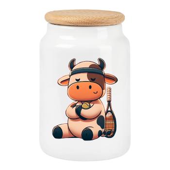 Mignonne vache de tennis avec raquette et balle - Boîte à biscuits avec couvercle en bois - blanc - Devant