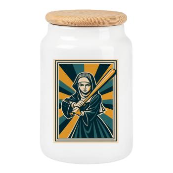 Nonne avec une batte de baseball - Boîte à biscuits avec couvercle en bois - blanc - Devant
