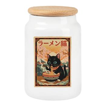 Black Cat Ramen Style Vintage Japonais - Boîte à biscuits avec couvercle en bois - blanc - Devant