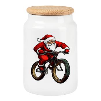 Biker Christmas / Santa Claus Mountain Biker - Cookie Jar with Wooden Lid - white - Front