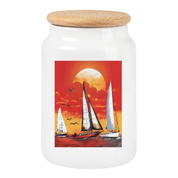 Sunset with sailboat - Cookie Jar with Wooden Lid - white - Front