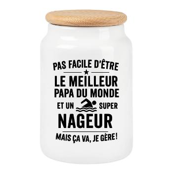 Natation – Super Papa Nageur - Boîte à biscuits avec couvercle en bois - blanc - Devant