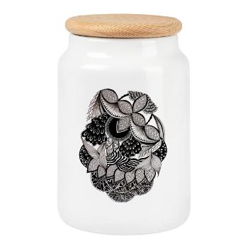 Black and White Leaf Pattern Circle Design - Cookie Jar with Wooden Lid - white - Front