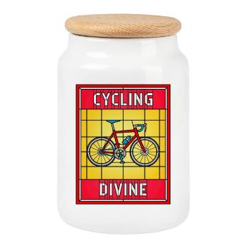 Cycling Divine Stained Glass - Cookie Jar with Wooden Lid - white - Front
