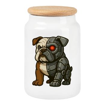 Cyborg Bulldog with Red Eye and Armor - Cookie Jar with Wooden Lid - white - Front