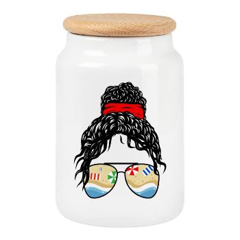Beach Reflections Girl Summer Retro Sunglasses Art - Cookie Jar with Wooden Lid - white - Front