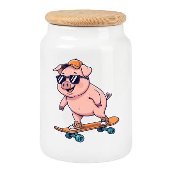 Funny Pig Skating on Skateboard Cartoon Skater - Cookie Jar with Wooden Lid - white - Front