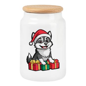 Cadeaux de Noël pour chiens husky - Boîte à biscuits avec couvercle en bois - blanc - Devant