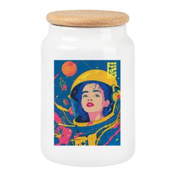 Astronaute féminine dans un style pop art néon - Boîte à biscuits avec couvercle en bois - blanc - Devant