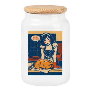 Chaos de cuisine pop art avec un dicton - Boîte à biscuits avec couvercle en bois - blanc - Devant