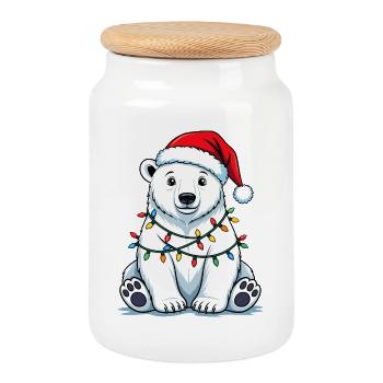 Eisbär Weihnachten süß lustig Bär Lichterkette  - Keksdose mit Holzdeckel - Weiß - Vorne
