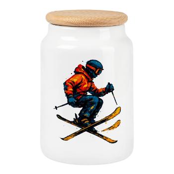 Skiing | Skier | Mountain - Cookie Jar with Wooden Lid - white - Front