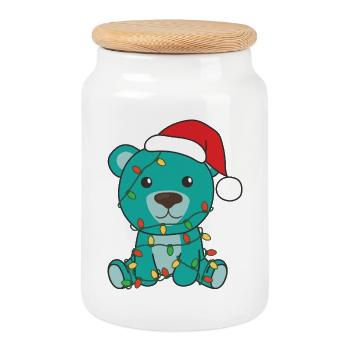 Christmas Bear With Santa Hat And Lights - Cookie Jar with Wooden Lid - white - Front