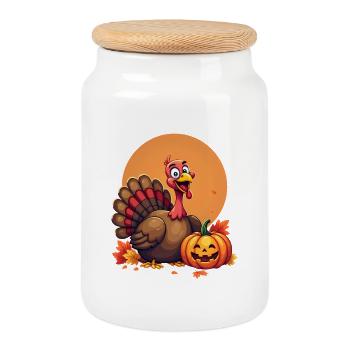 Thanksgiving Funny Thanksgiving Turkey - Cookie Jar with Wooden Lid - white - Front