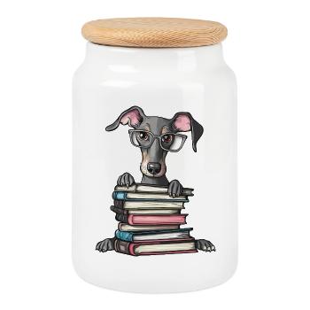 Cute Greyhound Dog Reading Book with Glasses - Cookie Jar with Wooden Lid - white - Front