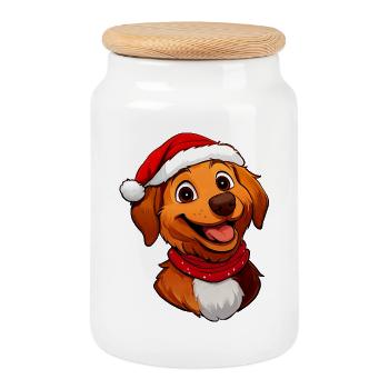Chien Père Noël - Boîte à biscuits avec couvercle en bois - blanc - Devant