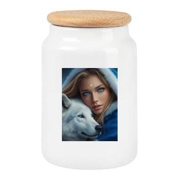 Winterwolf Frau Portrait - Keksdose mit Holzdeckel - Weiß - Vorne