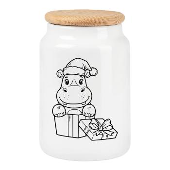 Hippopotame de Noël avec cadeaux - Boîte à biscuits avec couvercle en bois - blanc - Devant