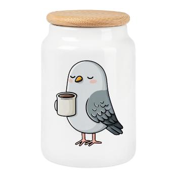 Cozy Pigeon Coffee Sipper - Cookie Jar with Wooden Lid - white - Front