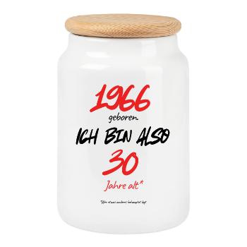Born in 1966 – still 30, 60th birthday - Cookie Jar with Wooden Lid - white - Front