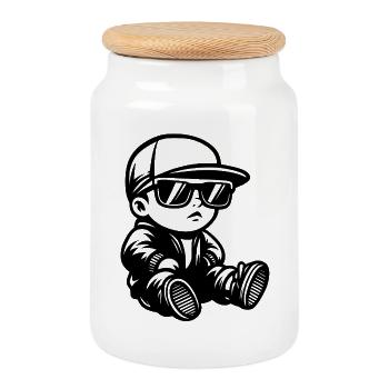 Baby with Sunglasses and Cap Front - Cookie Jar with Wooden Lid - white - Front