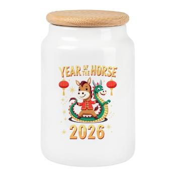 Chinese New Year Of The Horse 2026 - Cookie Jar with Wooden Lid - white - Front