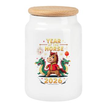 Chinese New Year Of The Horse 2026 - Cookie Jar with Wooden Lid - white - Front