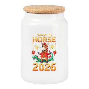 Nouvel An chinois du cheval 2026 - Boîte à biscuits avec couvercle en bois - blanc - Devant