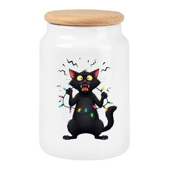 Naughty Evil Cat Fairy Lights Christmas Funny - Cookie Jar with Wooden Lid - white - Front