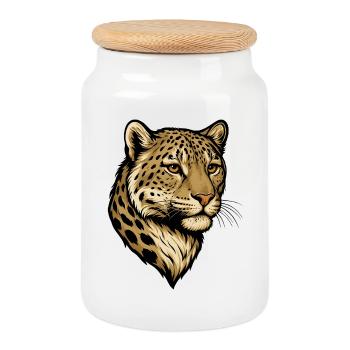 Illustration de tête de léopard - Boîte à biscuits avec couvercle en bois - blanc - Devant