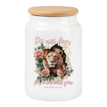Bible Verse Christian Lion - Cookie Jar with Wooden Lid - white - Front