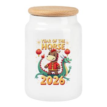 Chinese New Year Of The Horse 2026 - Cookie Jar with Wooden Lid - white - Front