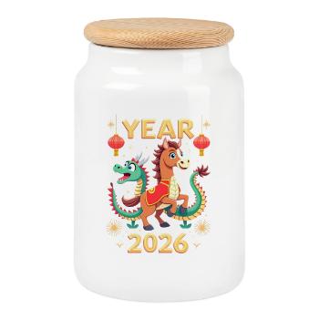 Chinese New Year Of The Horse 2026 - Cookie Jar with Wooden Lid - white - Front