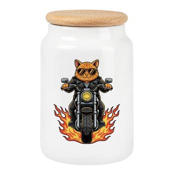 Coole Biker Katze Motorradflammen - Keksdose mit Holzdeckel - Weiß - Vorne