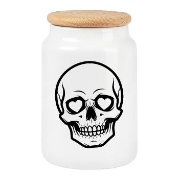 Totenkopf Herz Line Art Illustration Design - Keksdose mit Holzdeckel - Weiß - Vorne