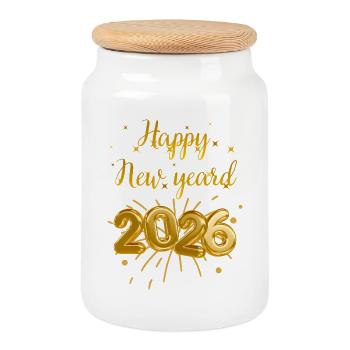 Festive New Year 2026 Golden Wishes - Cookie Jar with Wooden Lid - white - Front