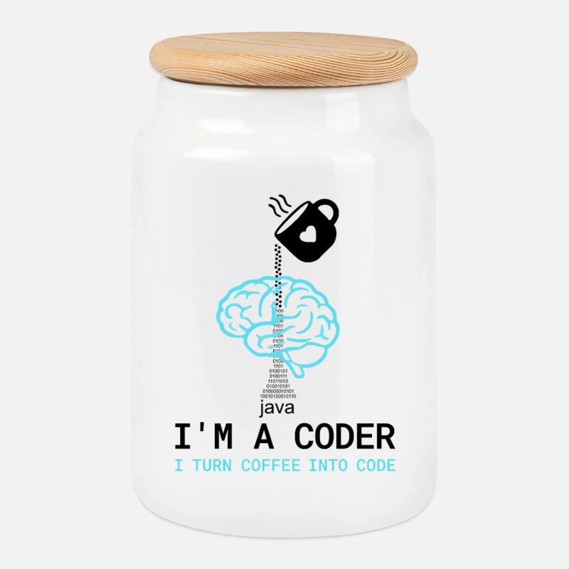 Coder T-Shirt: Coffee into Code – Nerdy Programmie - Keksdose mit Holzdeckel - Weiß