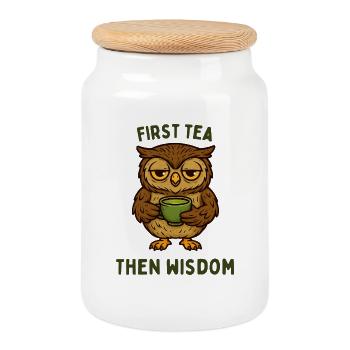 First Tea, Then Wisdom Owl - Cookie Jar with Wooden Lid - white - Front