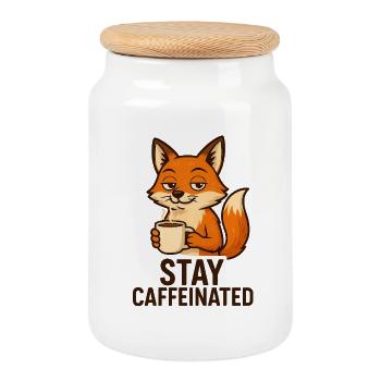 Fuchs Kaffee Motiv Stay Caffeinated - Keksdose mit Holzdeckel - Weiß - Vorne