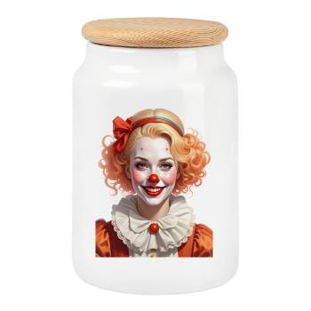 Illustration d’une femme déguisée en clown - Boîte à biscuits avec couvercle en bois - blanc - Devant