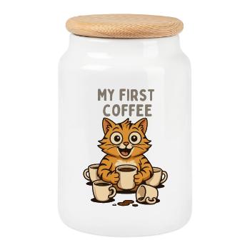 My first coffee cat - Cookie Jar with Wooden Lid - white - Front
