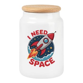Rocket dans l’espace, style dessin animé - « J’AI BESOIN DE L’ESPACE - Boîte à biscuits avec couvercle en bois - blanc - Devant