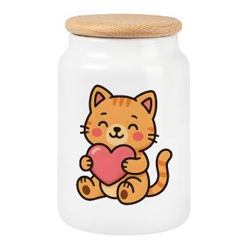 Petit chaton câlin au cœur rose - Boîte à biscuits avec couvercle en bois - blanc - Devant