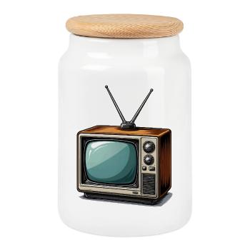 Retro Fernseher mit Antennen - Keksdose mit Holzdeckel - Weiß - Vorne