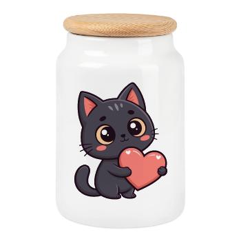Black Cat Tender Heart - Cookie Jar with Wooden Lid - white - Front