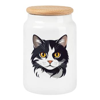 Graphique tête de chat noire et blanche, yeux dorés mignons de chat - Boîte à biscuits avec couvercle en bois - blanc - Devant