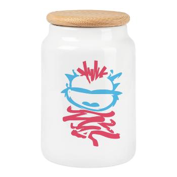Petits Monstres : Singe punk avec clin d’œil - Boîte à biscuits avec couvercle en bois - blanc - Devant