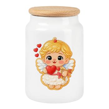 Motif biscuit doux ange de la Saint-Valentin avec cœur - Boîte à biscuits avec couvercle en bois - blanc - Devant