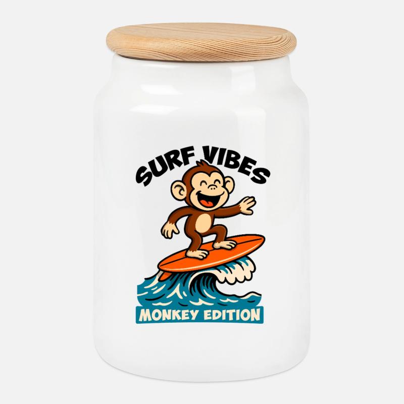 Surf Vibes, Monkey Edition. Glücklicher Surfaffe - Keksdose mit Holzdeckel - Weiß