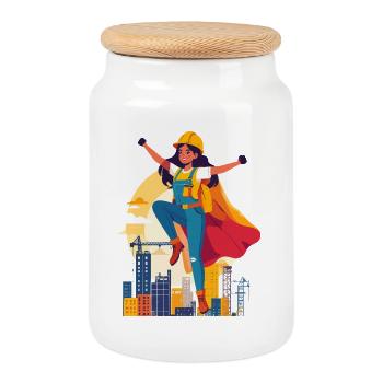 Construction heroine heroine of the construction site construction worker motif - Cookie Jar with Wooden Lid - white - Front